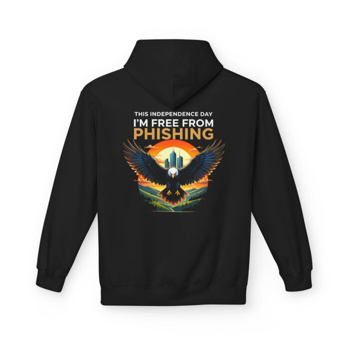 I’m Free from Phishing Softstyle Hoodie in black, anti phishing hoodie with back print