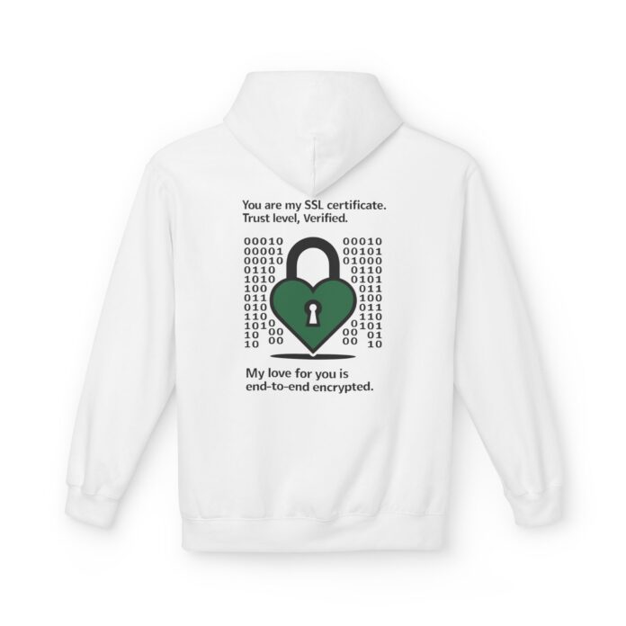 My love for you is end-to-end encrypted Softstyle Hoodie in white, encrypted heart padlock hoodie with back print