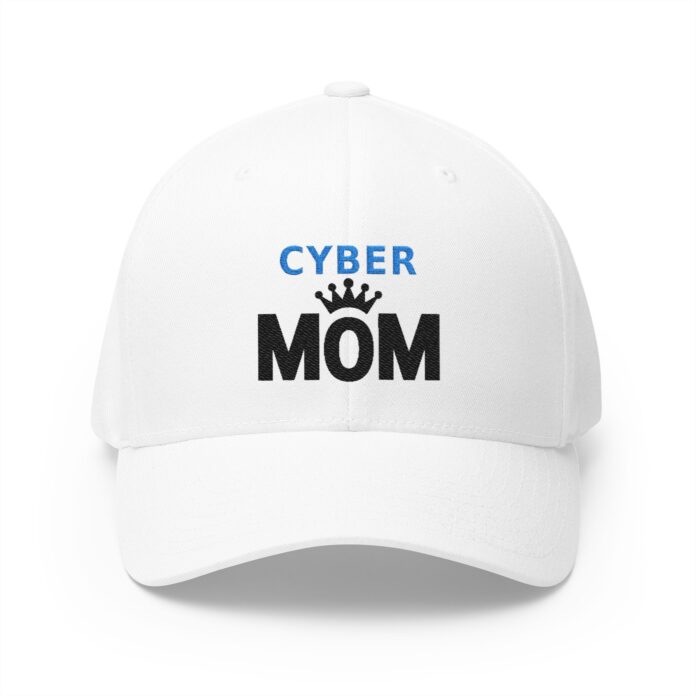 Cyber Mom Cap in white, front view of the CYBER MOM embroidery