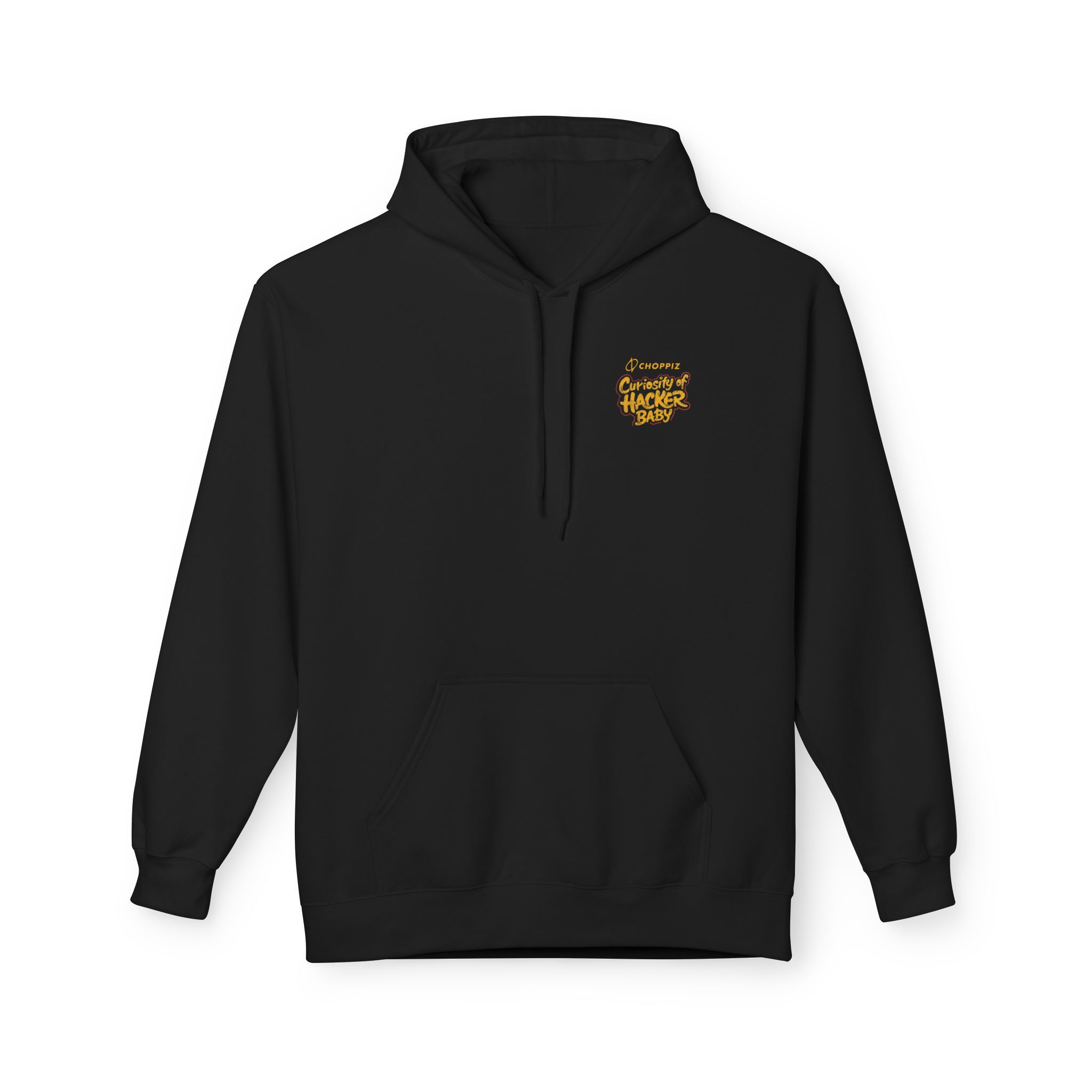 Curiosity of Hacker Baby Softstyle Hoodie in black, front view with small chest logo