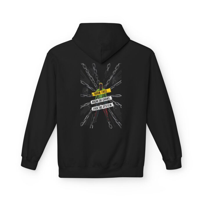 Born Free Break the Chains Softstyle Hoodie in black, break the chains hoodie with back print