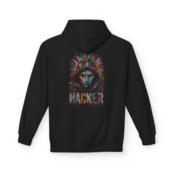 Hacker Street Art Softstyle Hoodie in black, street art hacker hoodie with back print