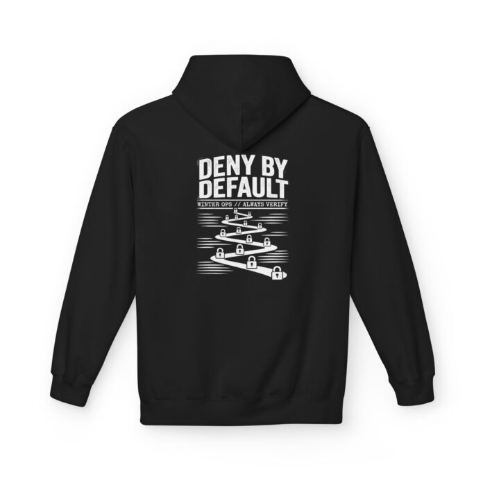 Deny By Default Zero Trust Softstyle Hoodie in black, deny by default hoodie with back print