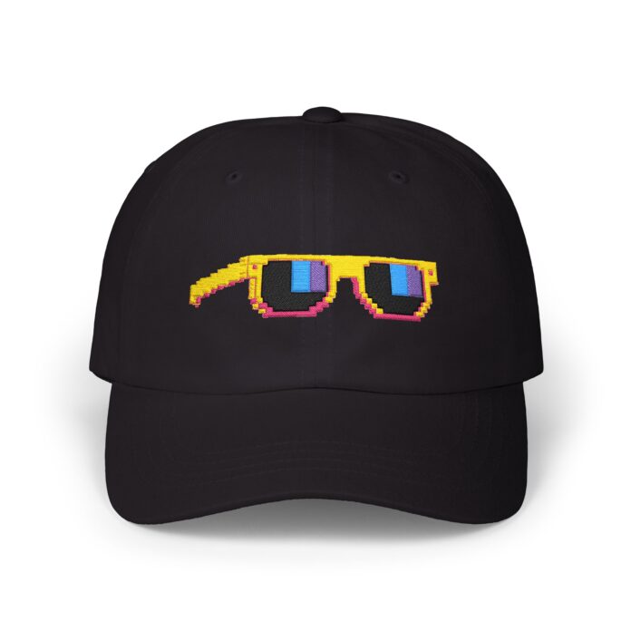 Pixel Sunglasses Cap in black, front view of the PIXEL SUNGLASSES embroidery