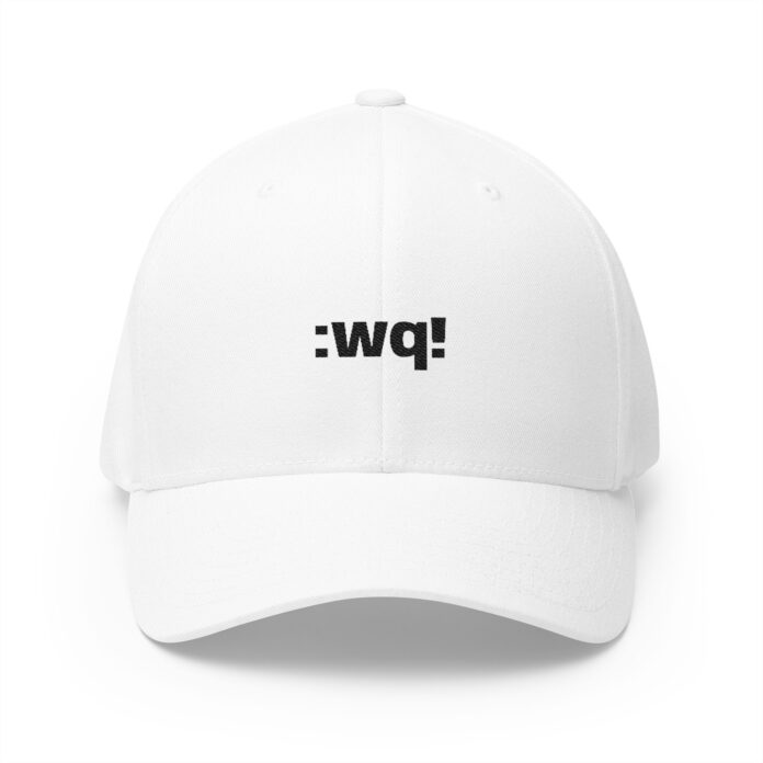 Vim :wq! Cap in white, front view of the VIM :WQ! embroidery