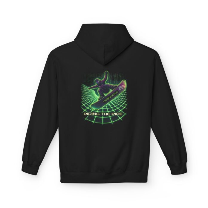 Cyberpunk Snowboard Hacker Softstyle Hoodie in black, cyberpunk snowboard hoodie with back print