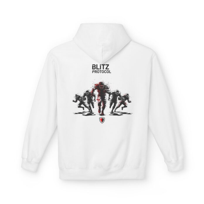 Blitz Protocol Softstyle Hoodie in white, blitz hoodie with back print