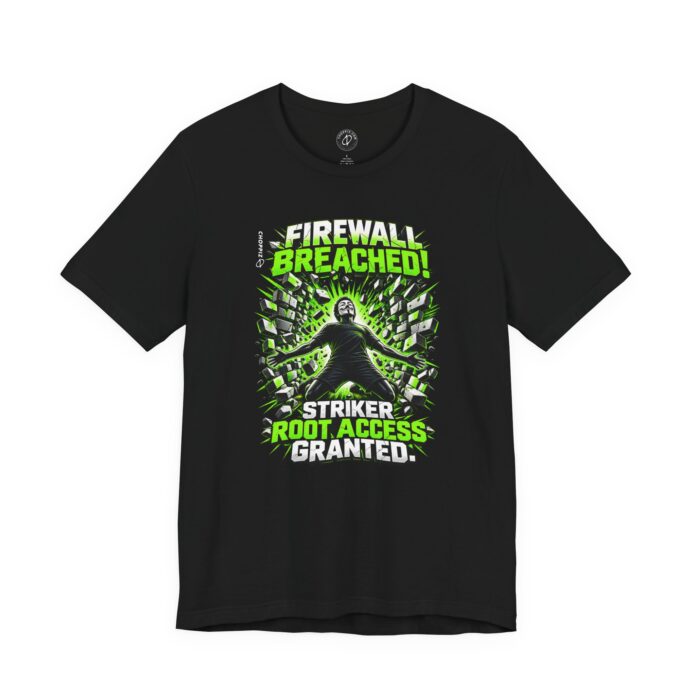 Firewall Breached Soccer T-Shirt in black, flat lay of the firewall breach print