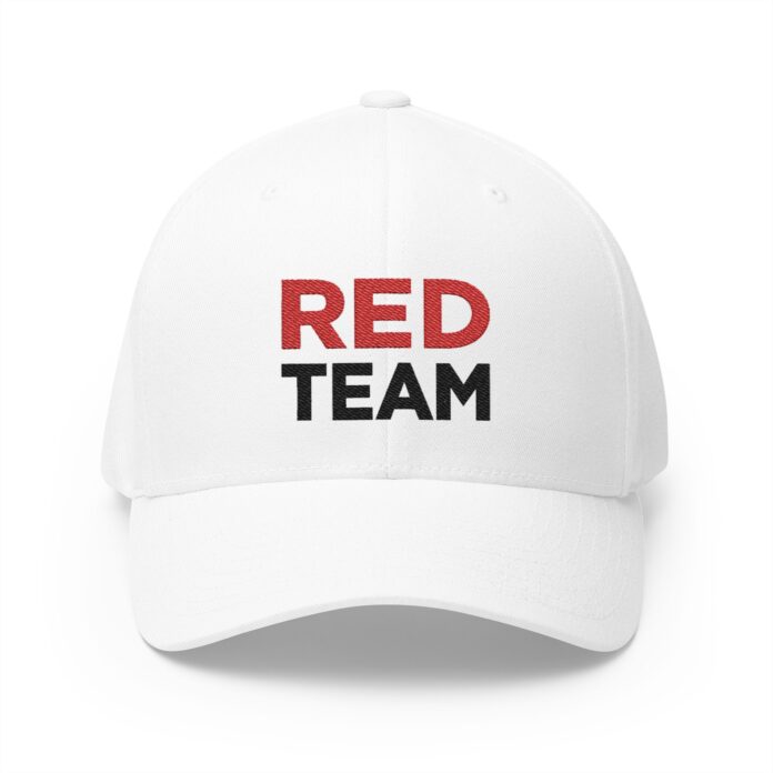 Red Team Cap in white, front view of the RED TEAM embroidery
