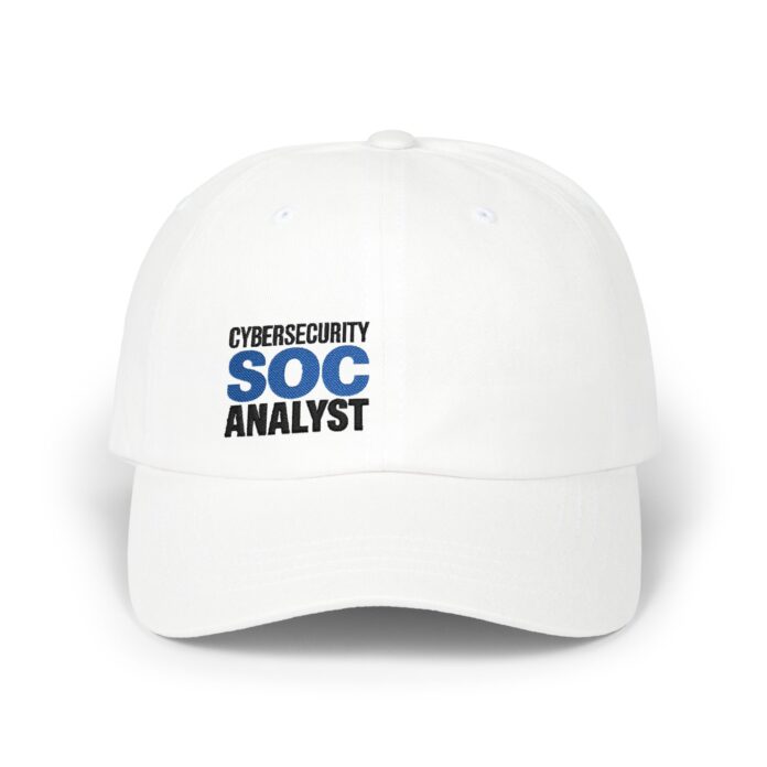 Cybersecurity SOC Analyst D02 Cap in white, front view of the Cybersecurity SOC Analyst embroidery