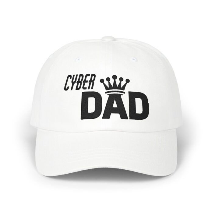 Cyber DAD - Black Cap in white, front view of the CYBER DAD - BLACK embroidery