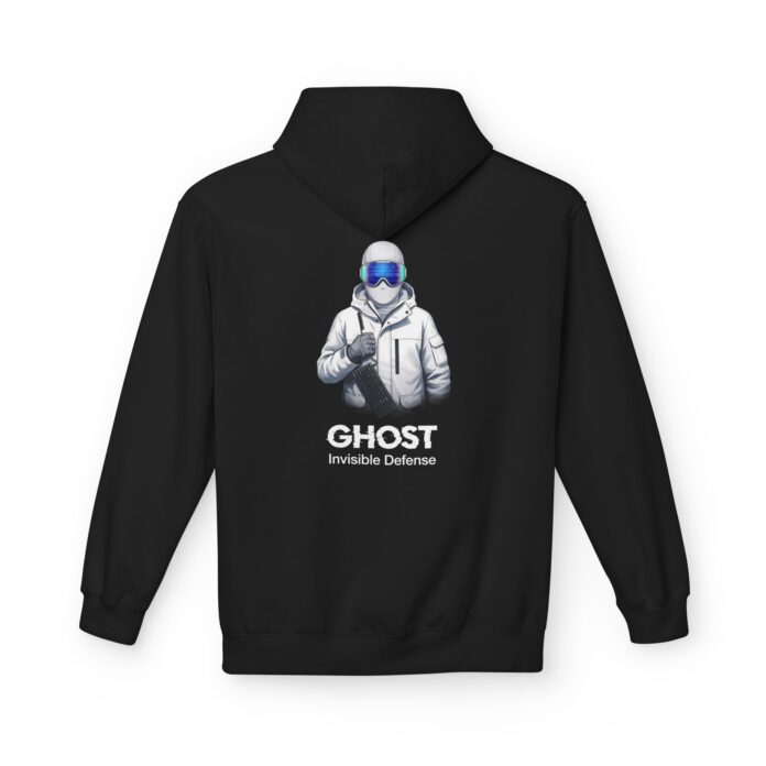 GHOST Invisible Defense Hacker Softstyle Hoodie in black, ghost hacker hoodie with back print