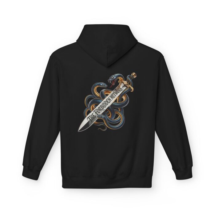 The Forbidden Network Snake Dagger Softstyle Hoodie in black, snake dagger hoodie with back print