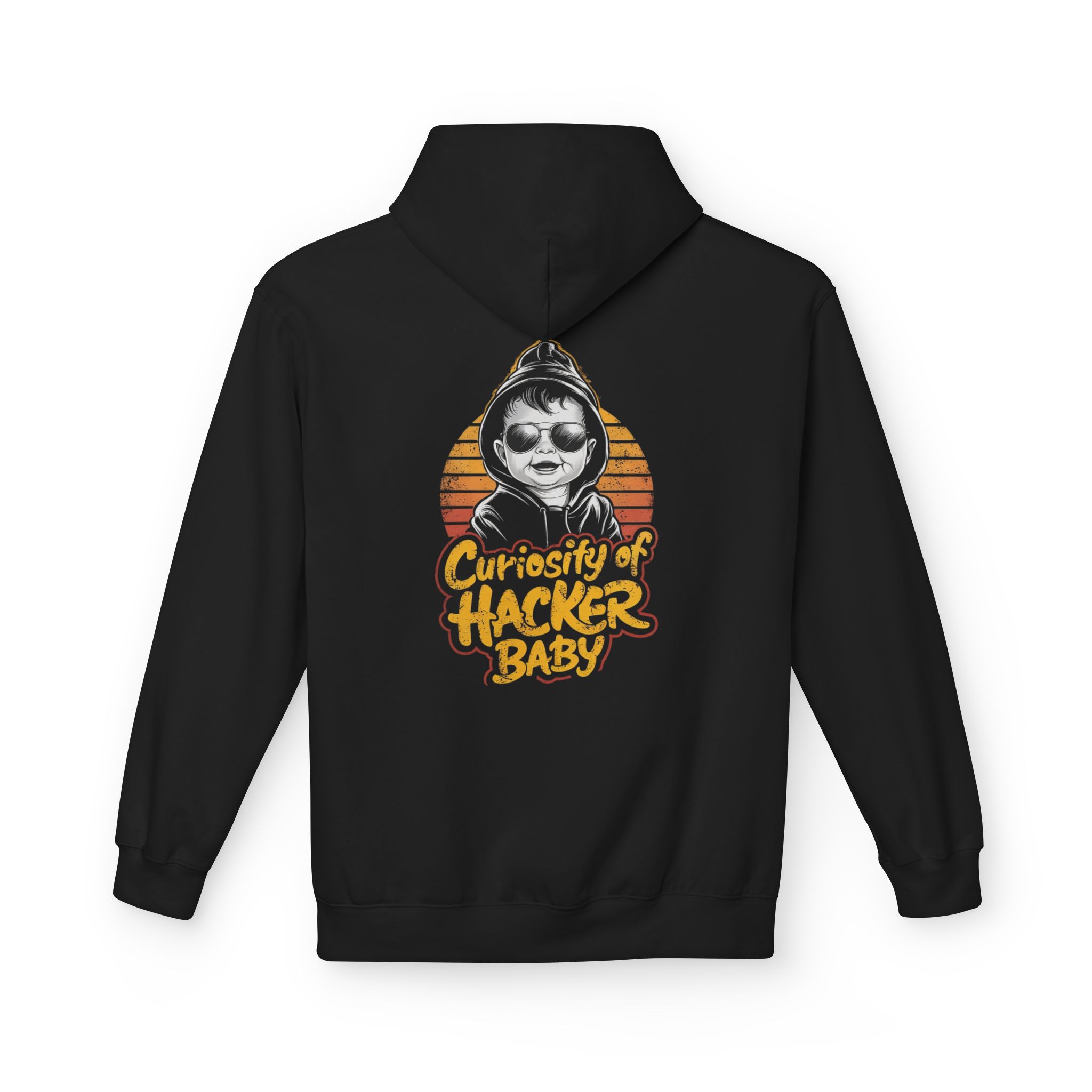 Curiosity of Hacker Baby Softstyle Hoodie in black, hacker baby hoodie with back print