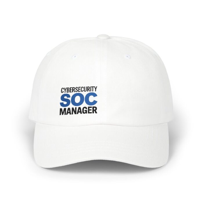 Cybersecurity SOC Manager D02 Cap in white, front view of the Cybersecurity SOC Manager embroidery