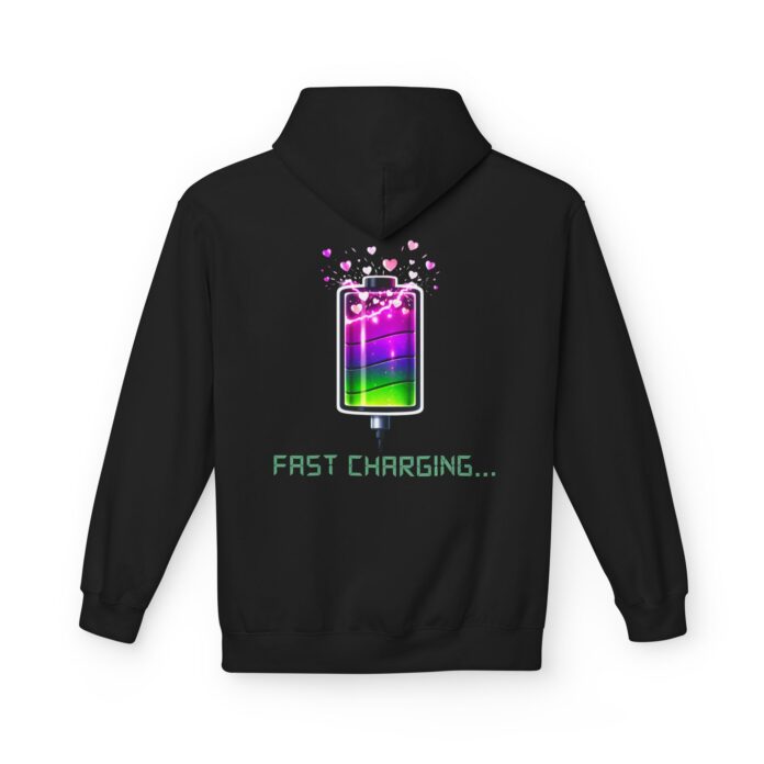 Fast Charging Love Battery Softstyle Hoodie in black, love battery hoodie with back print