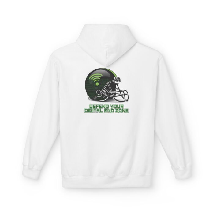 Defend Your Digital End Zone Helmet Softstyle Hoodie in white, end zone hoodie with back print
