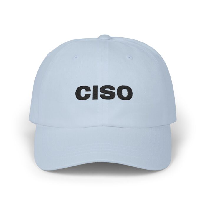 CISO Chief Information Security Officer Cap in light blue, front view of the CISO Chief Information embroidery