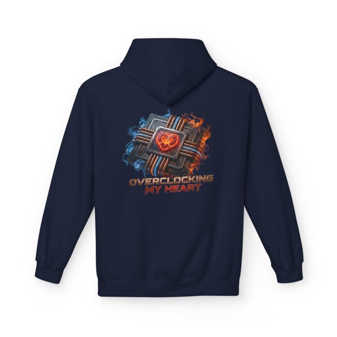 Overclocking My Heart Softstyle Hoodie in navy, overclocking hoodie with back print