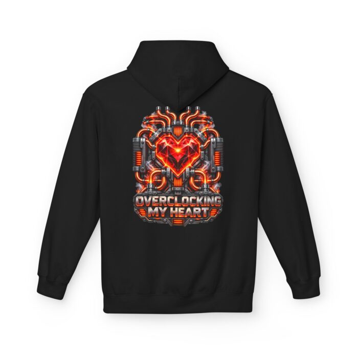 Overclocking My Heart Softstyle Hoodie in black, overclocked heart hoodie with back print