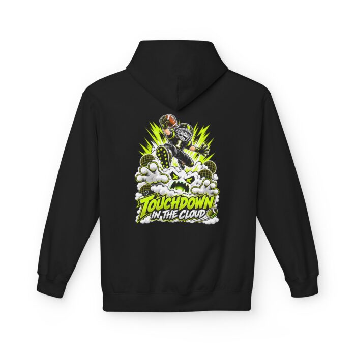 Touchdown in the Cloud Softstyle Hoodie in black, cloud defense hoodie with back print