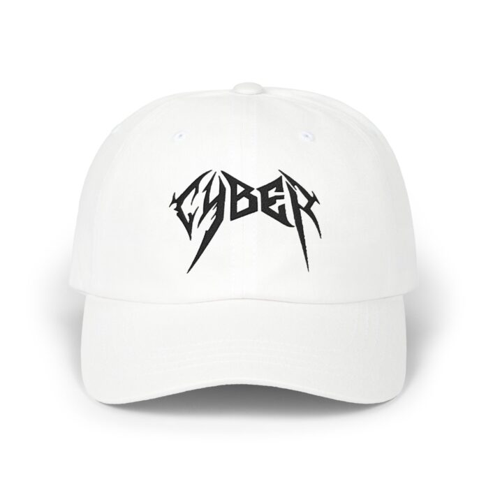 Edgy Cyber Cap in white, front view of the EDGY CYBER embroidery