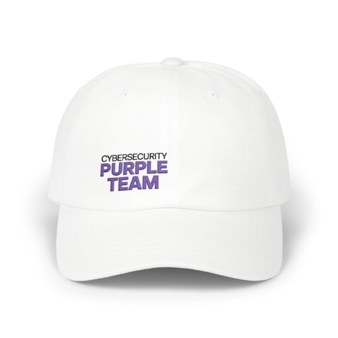 The Cybersecurity Purple Team L Cap in white, front view of the The Cybersecurity Purple embroidery