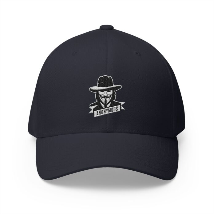 Anonymous Cap in dark navy, front view of the ANONYMOUS embroidery