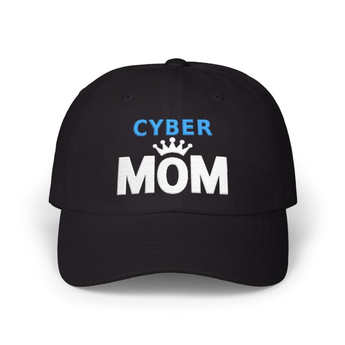 Cyber MOM Dad Hat in black, front view of the CYBER MOM embroidery