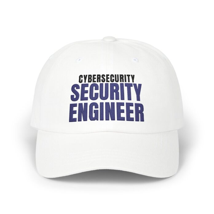 Cybersecurity Security Engineer D03 Cap in white, front view of the Cybersecurity Security embroidery