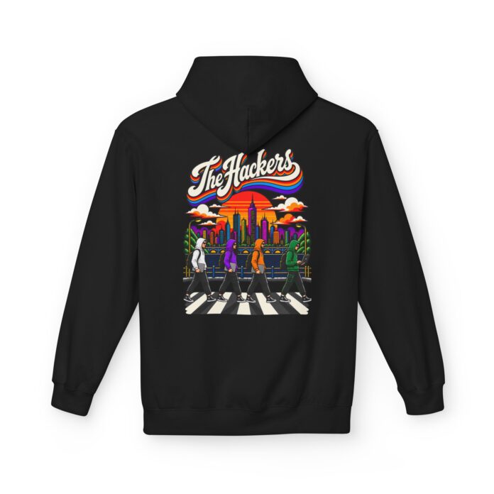 The Hackers Retro Crosswalk Softstyle Hoodie in black, vintage hacker hoodie with back print