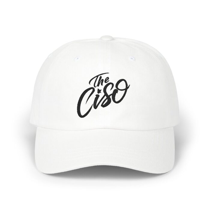 The CISO Cap in white, front view of the THE CISO embroidery