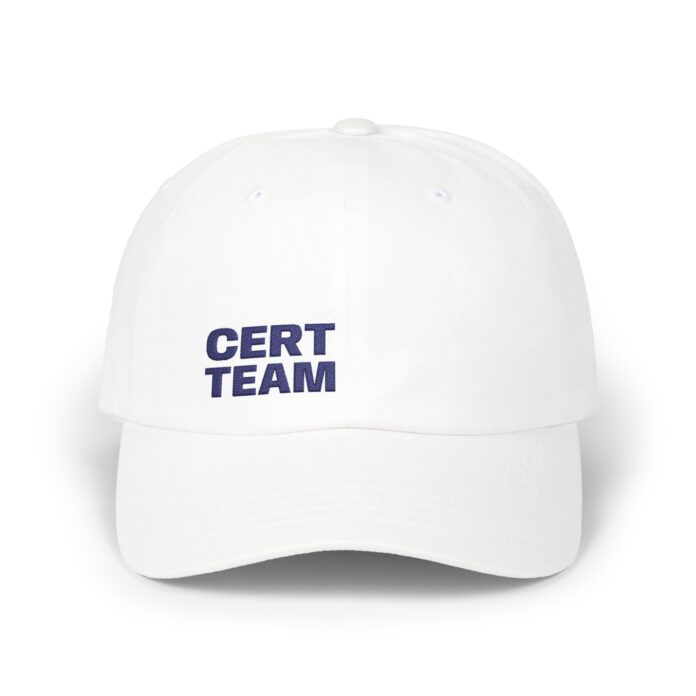 The CERT Team L Cap in white, front view of the THE CERT TEAM L embroidery