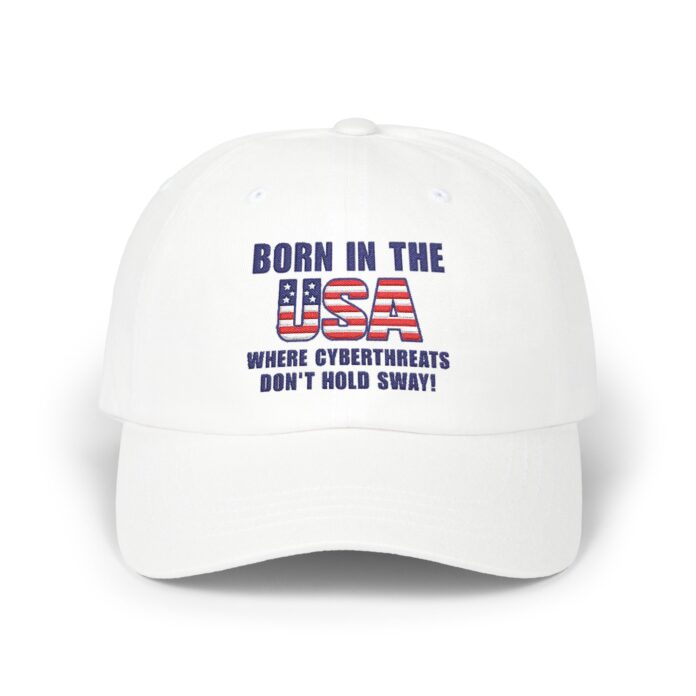Born in the USA Cap in white, front view of the BORN IN THE USA embroidery