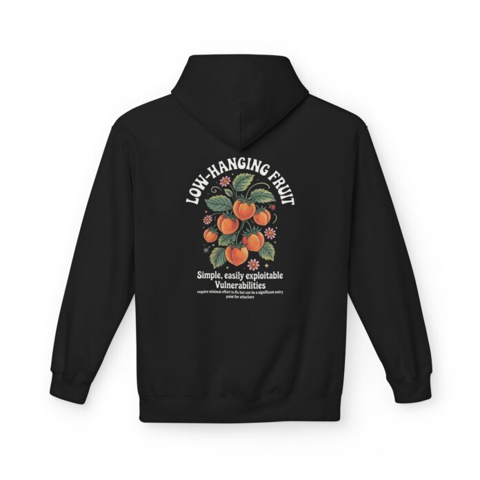 Low Hanging Fruit - Peaches - Softstyle Hoodie in black, peach infosec hoodie with back print