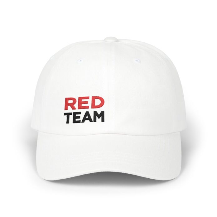 The Red Team L Cap in white, front view of the THE RED TEAM L embroidery